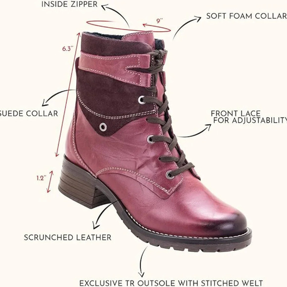 Dromedaris Women's Kara Combat Red Leather + Suede Lace-up Comfort Inside Zip - Picture 11 of 13